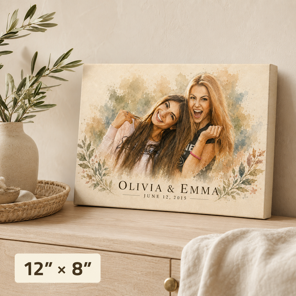 Custom lesbian couple portrait canvas 12x8 landscape, watercolor painted from photo with names and date on a dresser