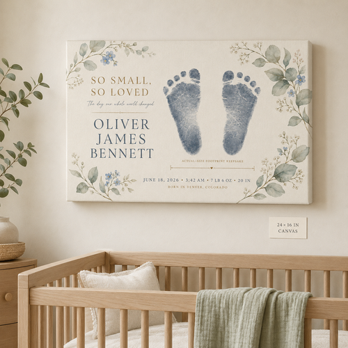 Personalized newborn footprint keepsake canvas 24x16 landscape with birth date, time, weight and length above a crib