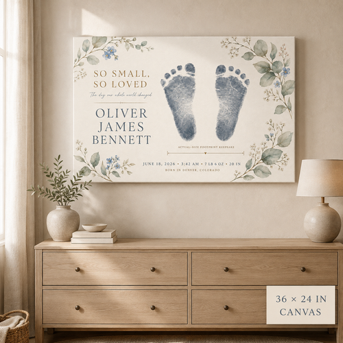 Custom baby footprint canvas 36x24 landscape, So Small So Loved with actual-size newborn footprints, name and birth stats above a nursery dresser