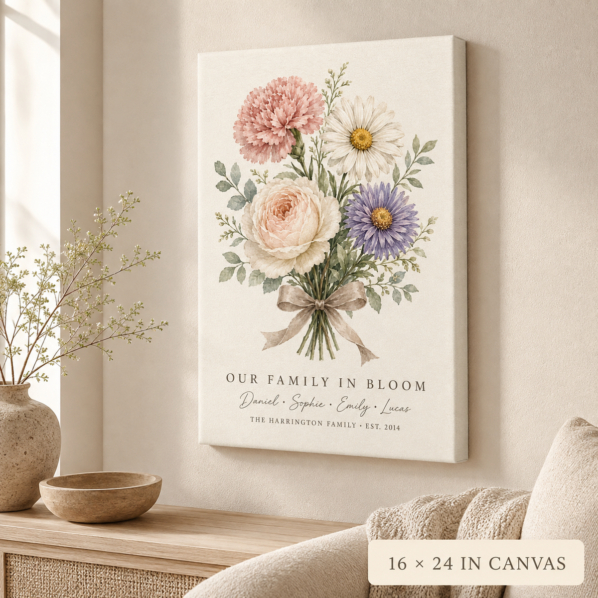 Personalized birth flower canvas 16x24 portrait orientation with family names, Mother's Day gift above a bench