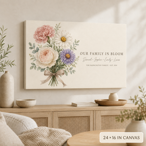 Personalized birth month flower bouquet canvas 24x16 landscape with watercolor carnation, daisy, rose and aster in a living room