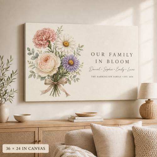 Custom birth flower family bouquet canvas 36x24 landscape, Our Family in Bloom with four names and family name above a sideboard