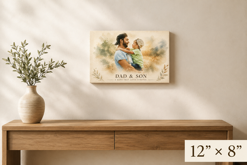 Custom dad and son watercolor portrait canvas 12x8 landscape with 'A bond that lasts forever' message above a console table