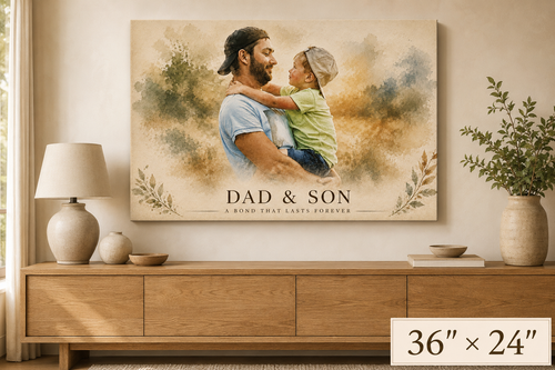 Custom dad and son portrait canvas 36x24 landscape, watercolor painted from photo, statement wall art above a sideboard
