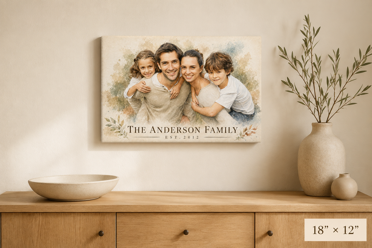 Custom family portrait watercolor canvas 18x12 with family name sign in a neutral home