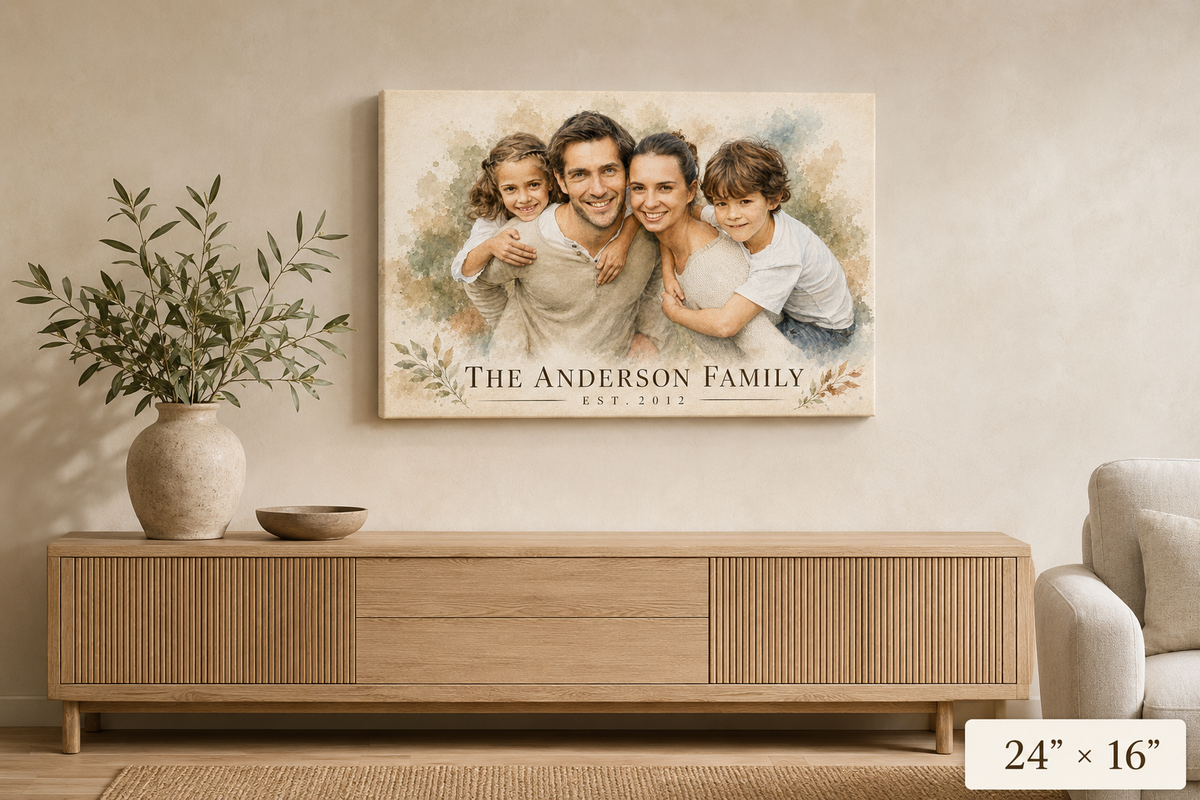 Personalized family name canvas 24x16, watercolor portrait painted from photo, living room wall art