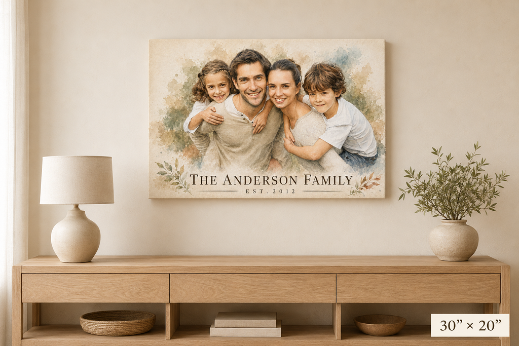 Custom watercolor family portrait canvas 30x20 with est. year, displayed above a wooden console table