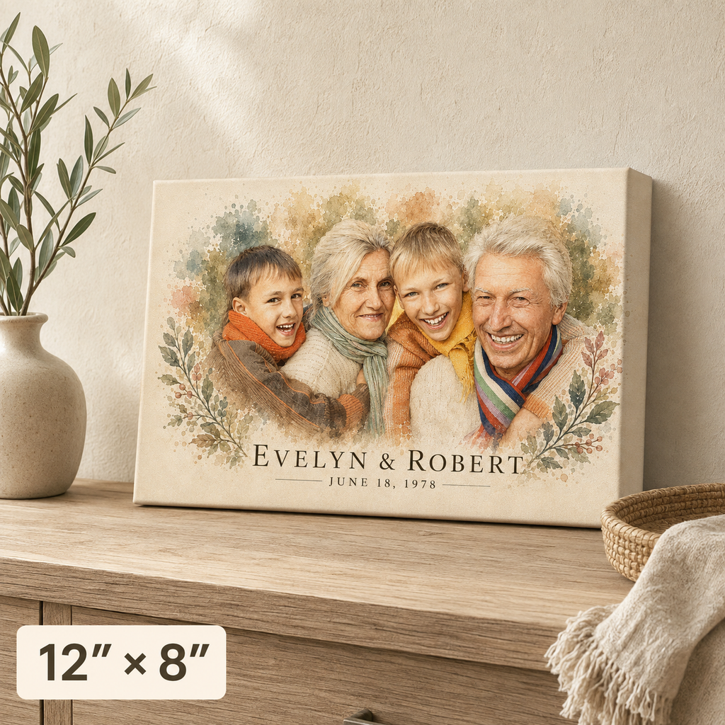 Custom grandma and grandpa with grandkids watercolor canvas 12x8 landscape, names and date, gift for grandparents on a dresser