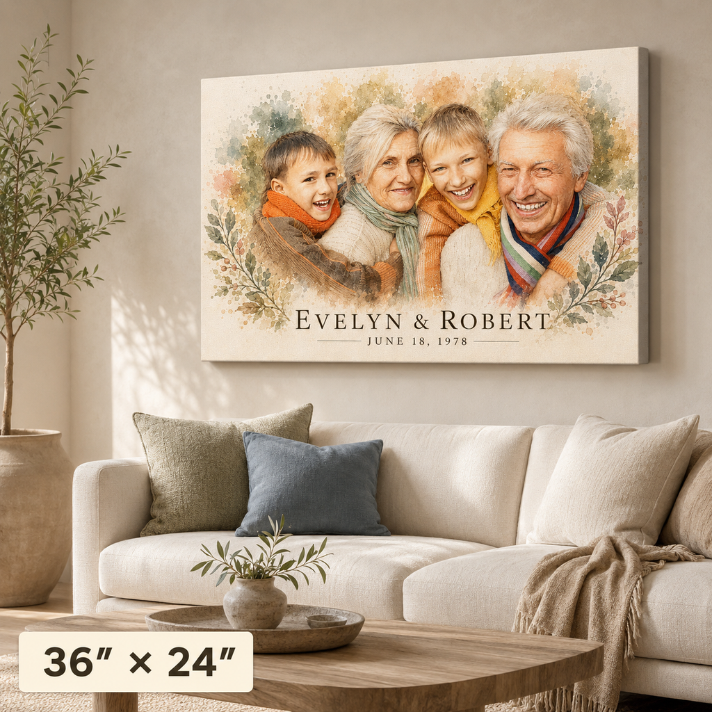 Custom grandparents and grandchildren watercolor portrait canvas 36x24 landscape with names and anniversary date above a sofa