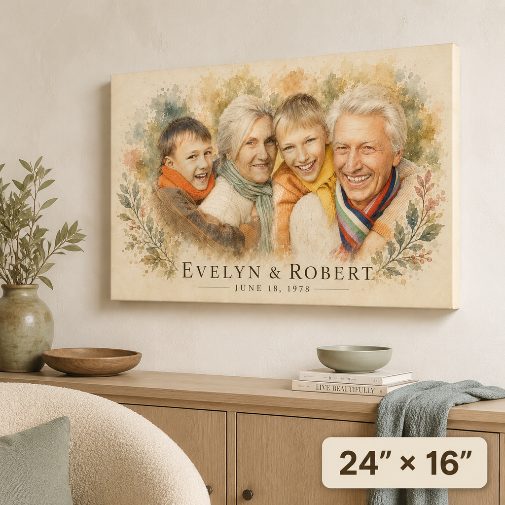 Personalized grandparents portrait from photo, 24x16 landscape watercolor canvas with names and date above a sideboard