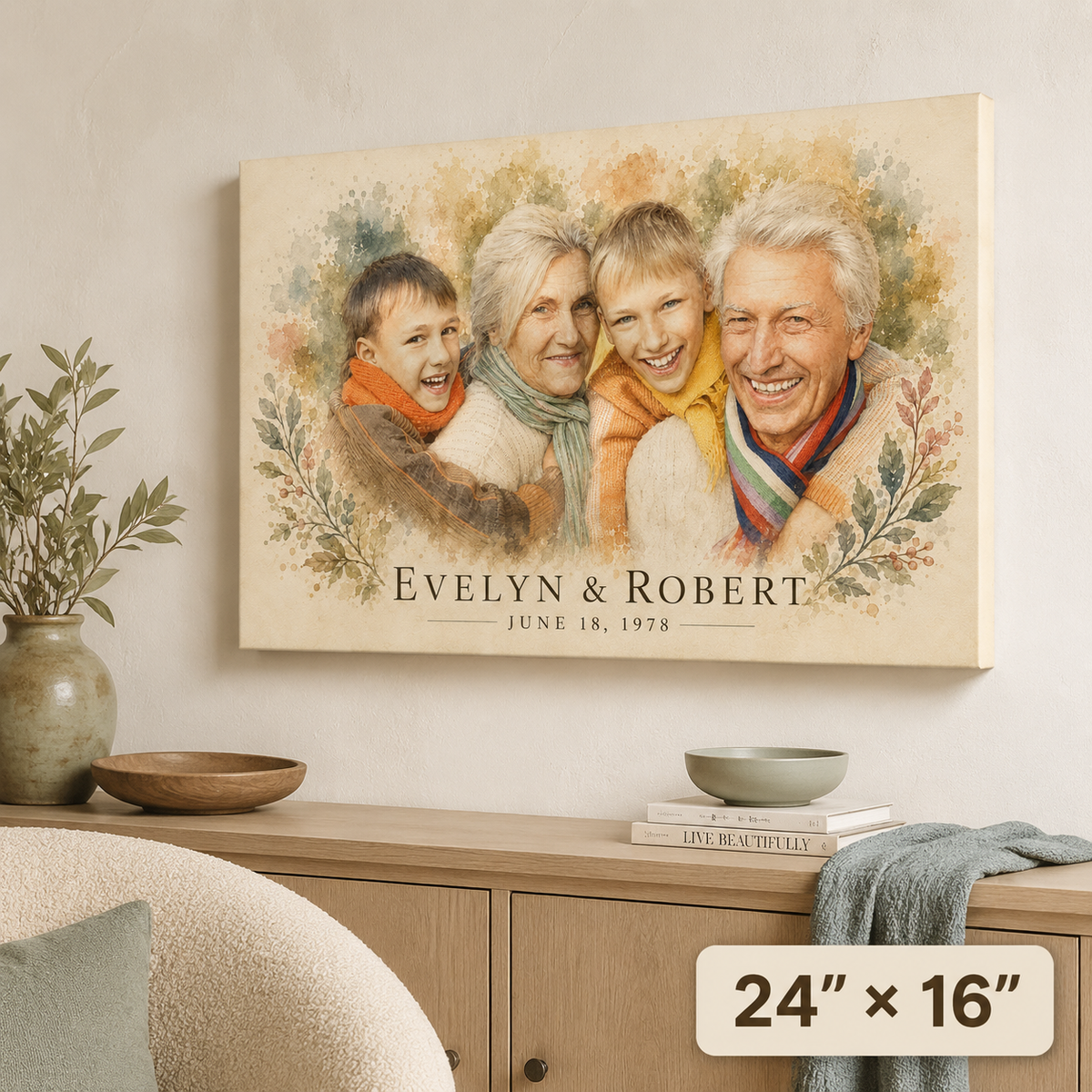 Personalized grandparents portrait from photo, 24x16 landscape watercolor canvas with names and date above a sideboard