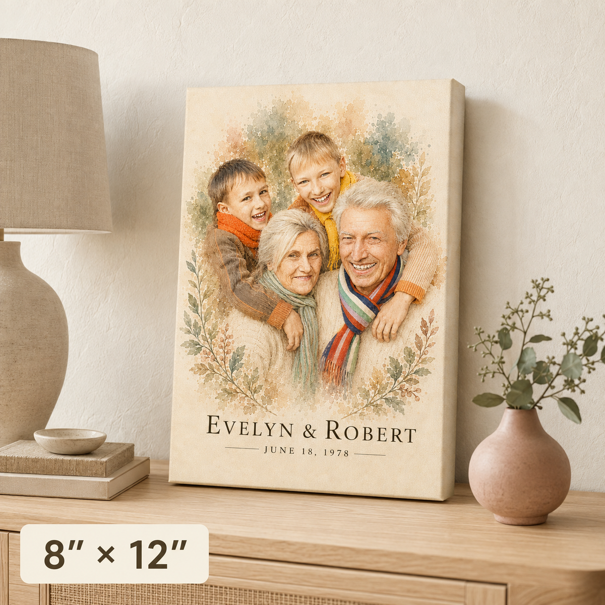 Custom grandparents watercolor portrait canvas 8x12 portrait orientation with names and date on a sideboard, Grandparents Day gift