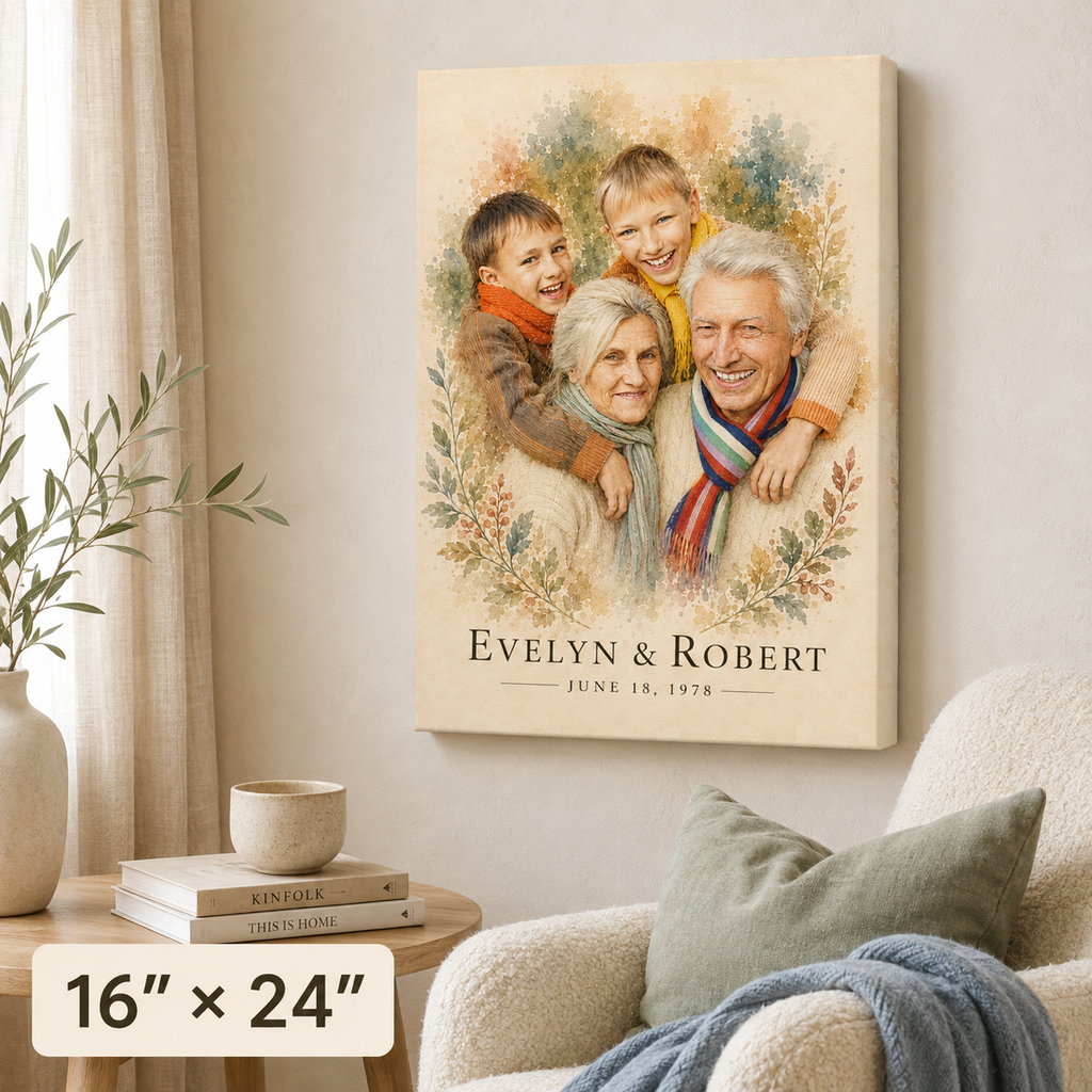 Personalized grandparents and grandchildren portrait 16x24 portrait canvas, watercolor painted from photo in a reading nook