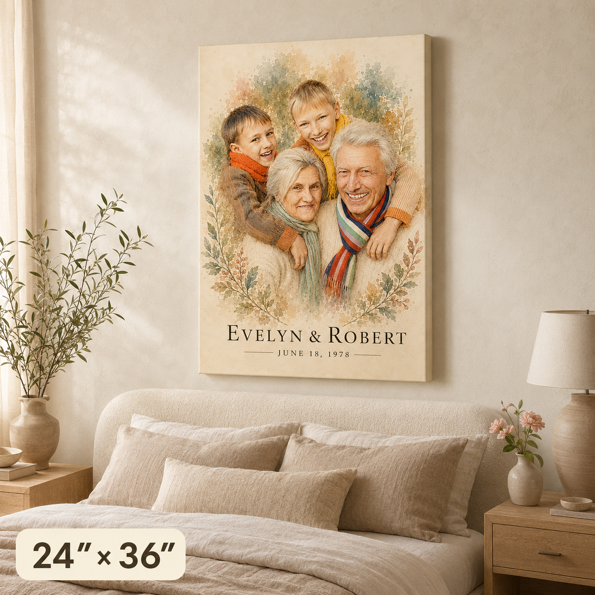 Custom grandparents watercolor portrait canvas 24x36 portrait orientation with grandchildren, names and date above the bed