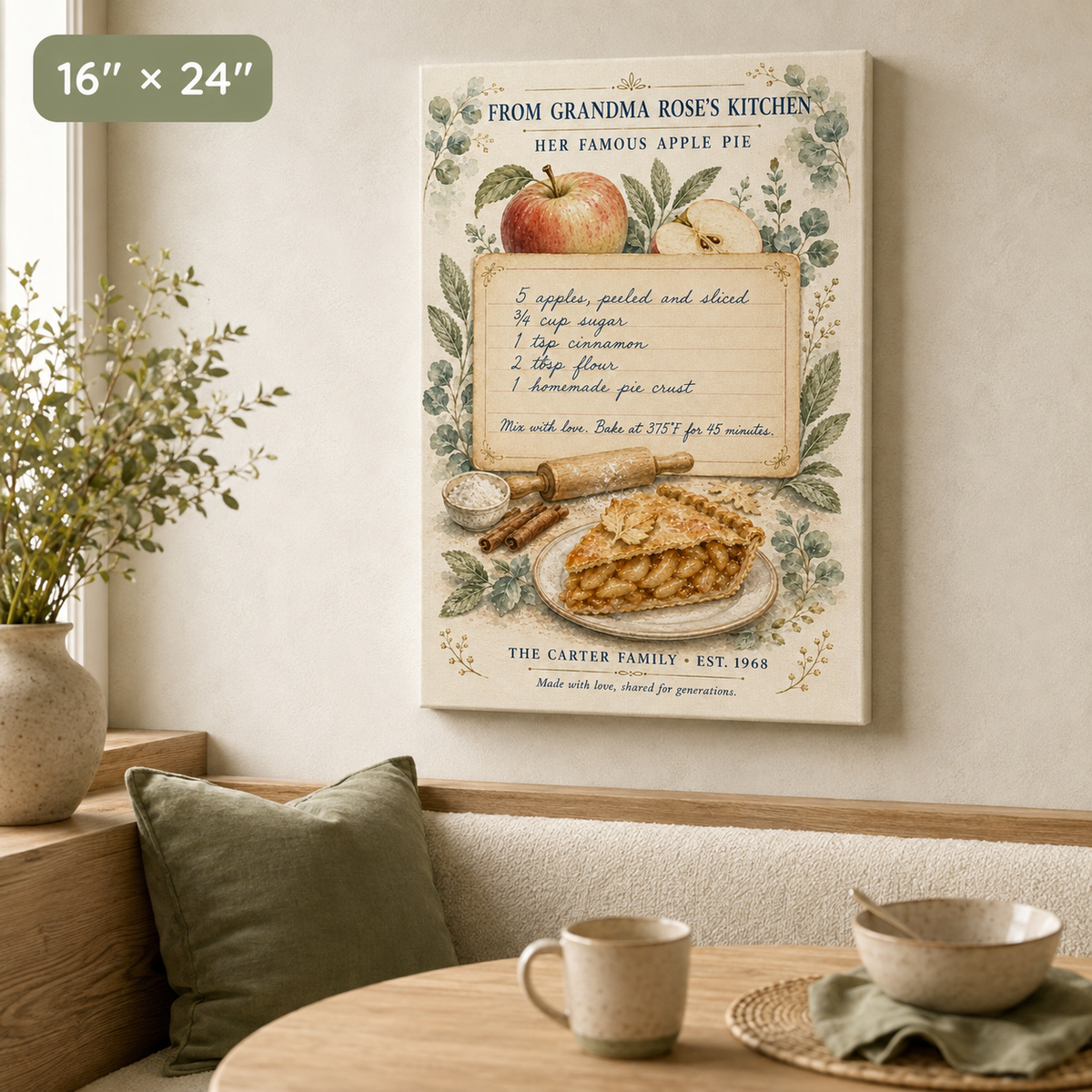 Watercolor illustrated family recipe canvas 16x24 portrait orientation above a breakfast nook