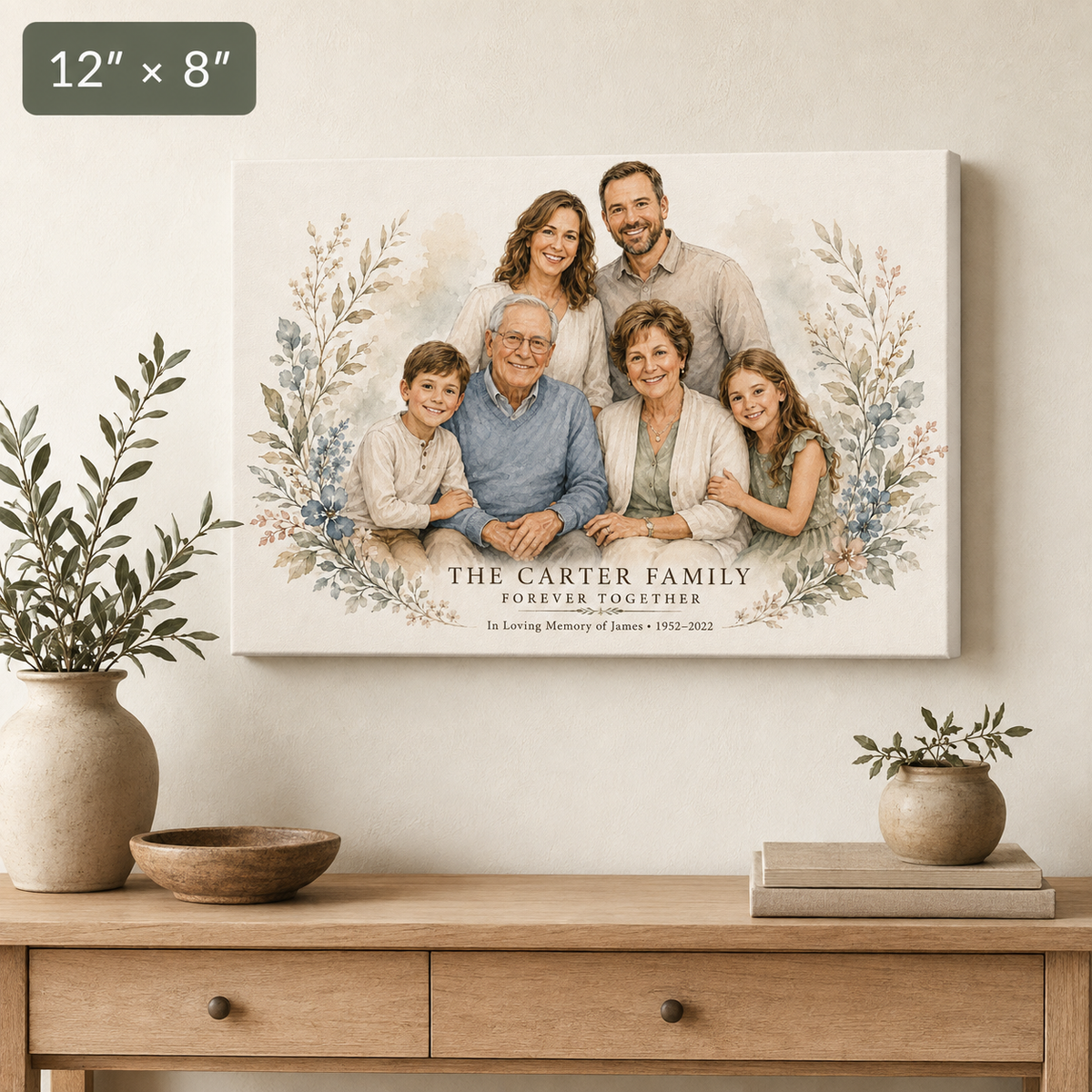 Memorial family portrait from photo 12x8 landscape watercolor canvas with lost loved one added, on a dresser