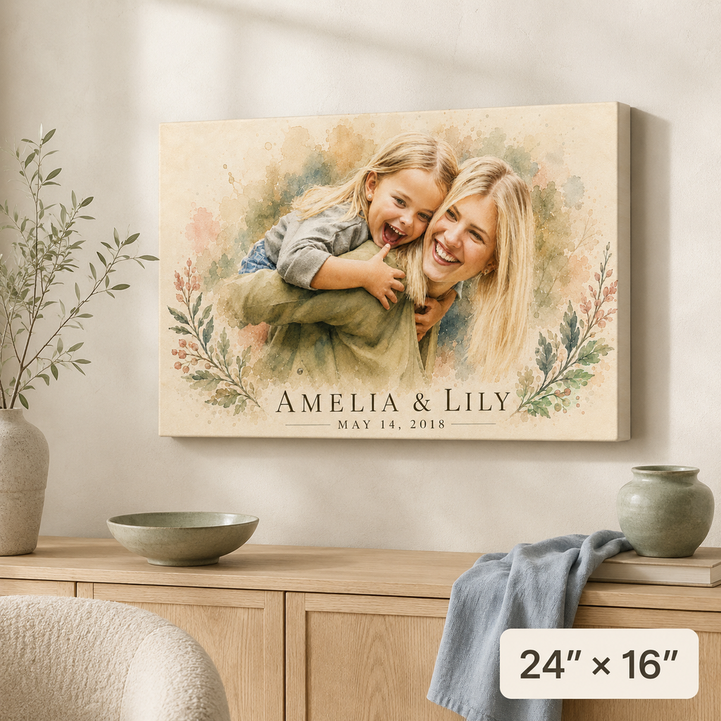 Personalized mother and daughter portrait from photo, 24x16 landscape watercolor canvas with names and date above a sideboard