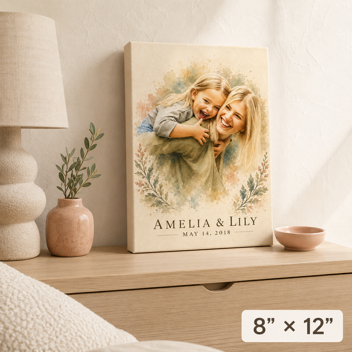 Custom mom and daughter watercolor portrait canvas 8x12 portrait orientation with names and date on a nightstand