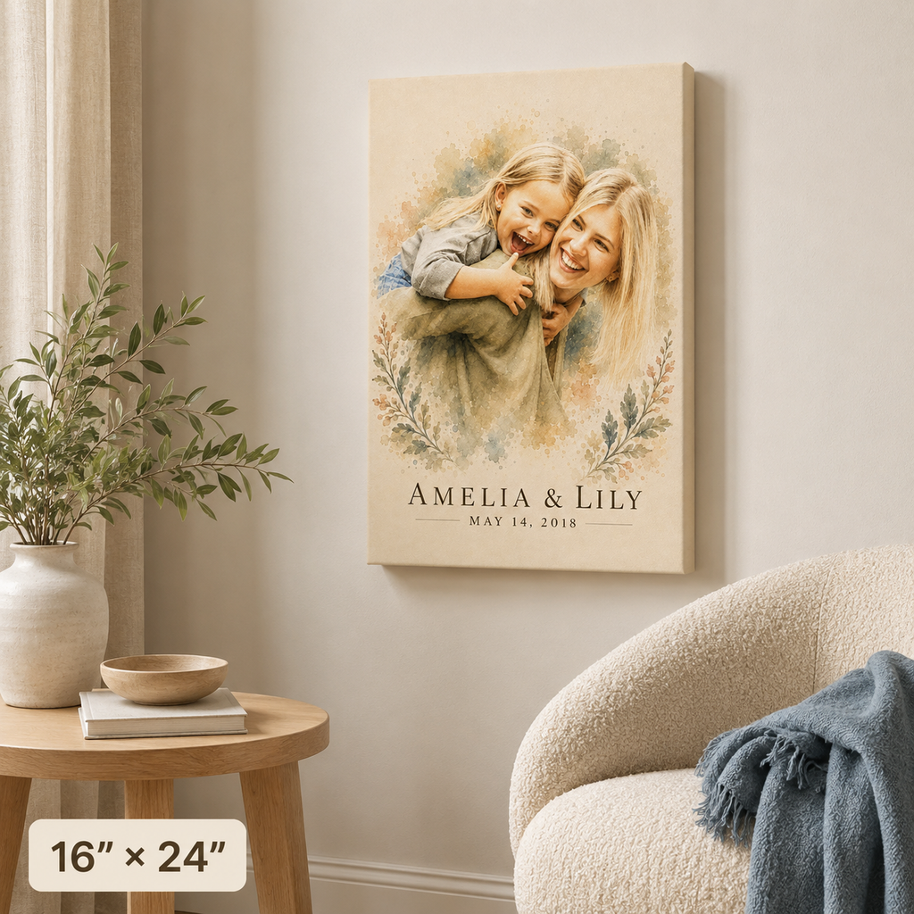 Personalized mom and daughter watercolor canvas 16x24 portrait orientation, gift for mom in a reading nook