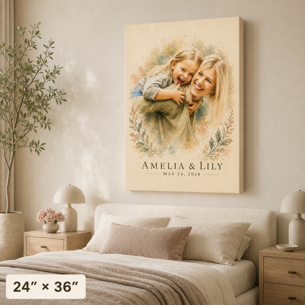 Custom mother daughter watercolor portrait canvas 24x36 portrait orientation with names and date above the bed
