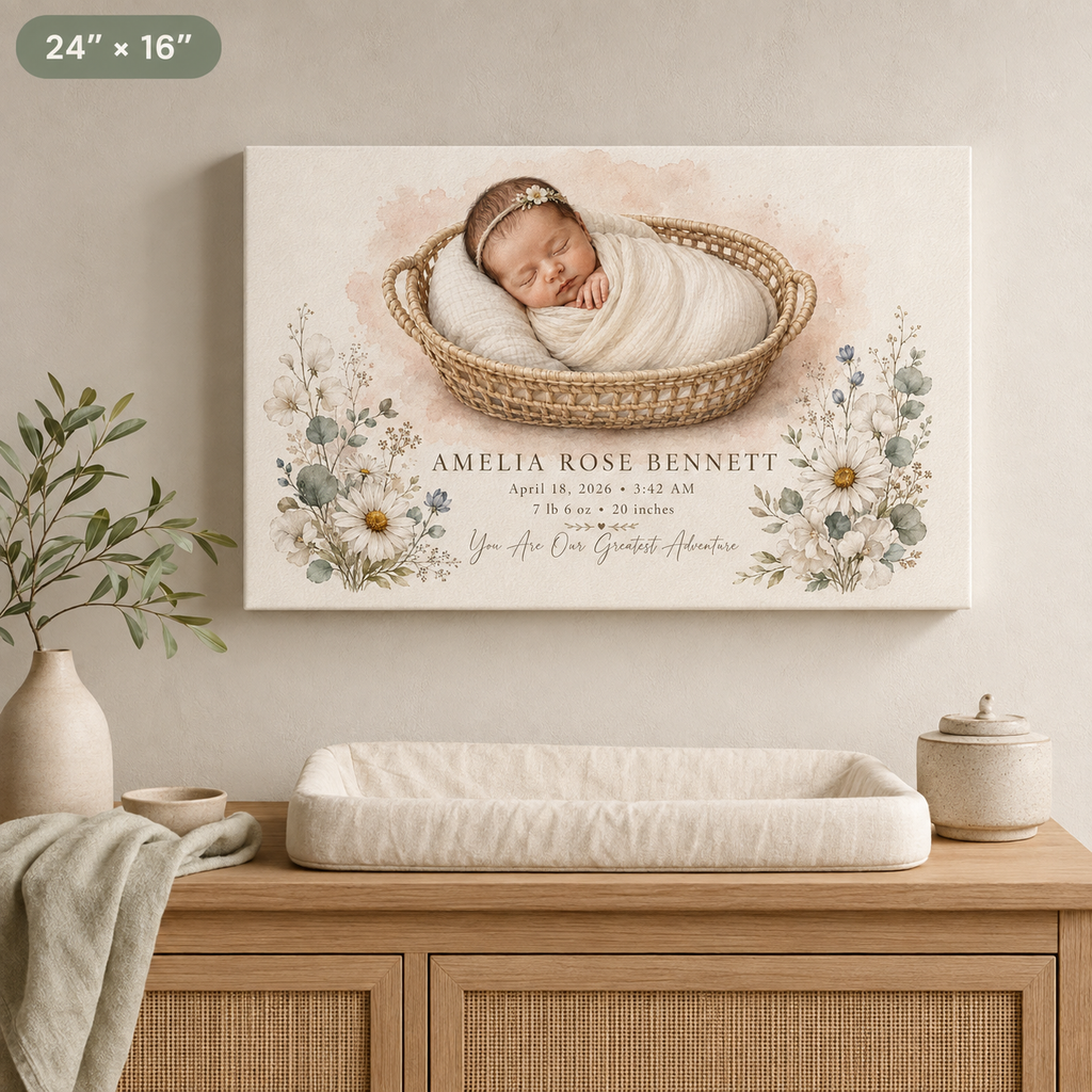 Personalized baby birth stats canvas 24x16 landscape, watercolor newborn portrait from photo above a changing table