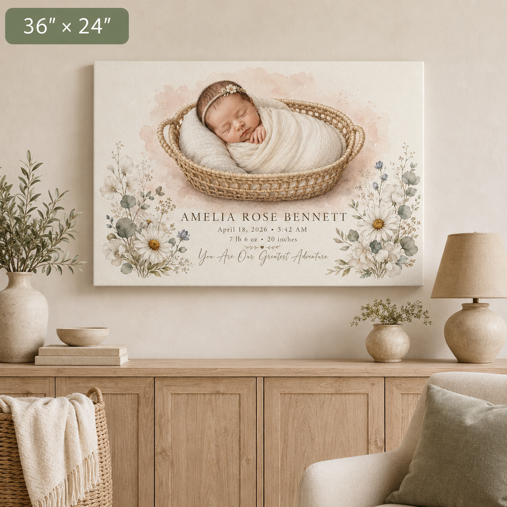 Custom newborn watercolor portrait canvas 36x24 landscape with baby name, birth date, time, weight and length in a nursery