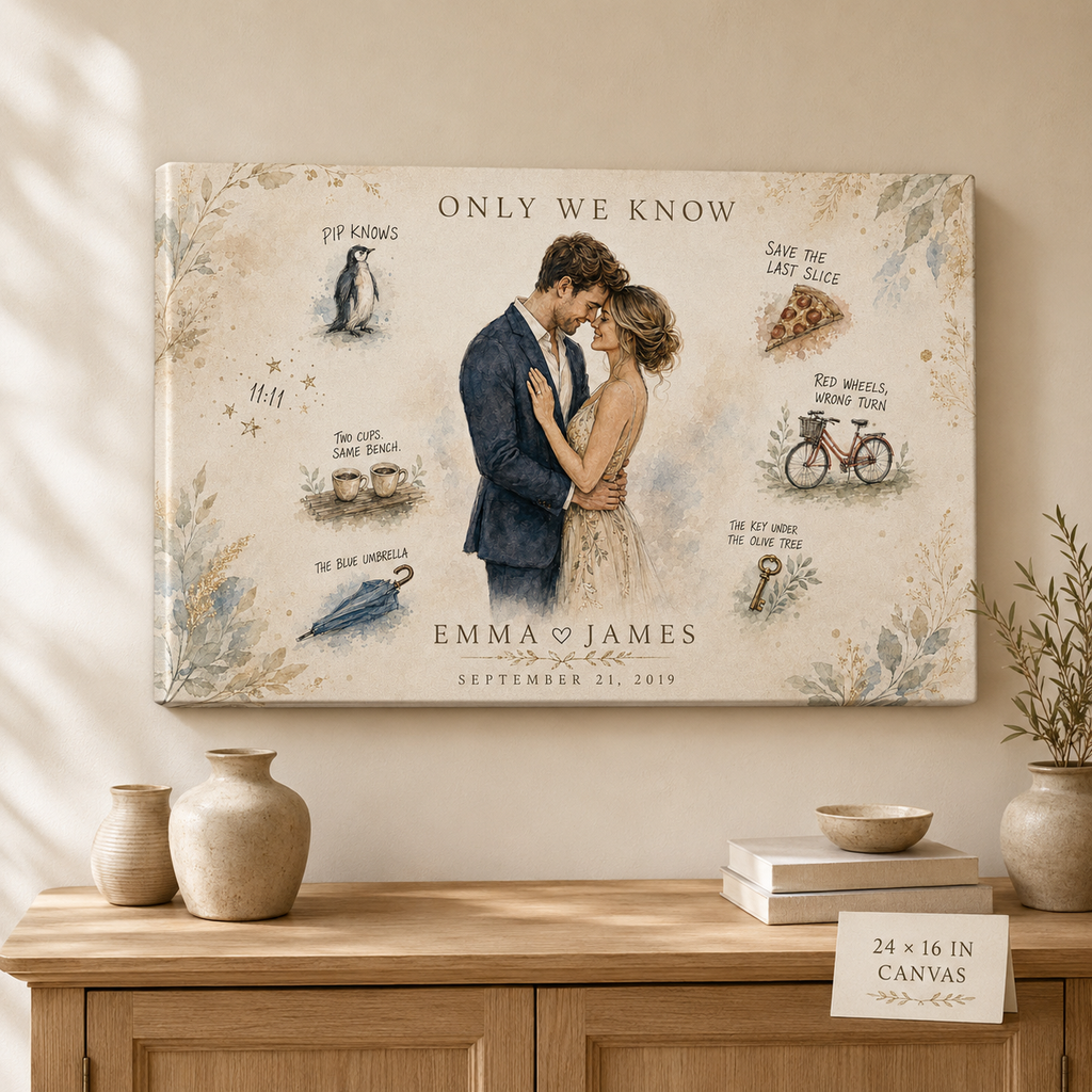 Personalized couple portrait with secret symbols canvas 24x16 landscape, Emma and James with wedding date above a sideboard