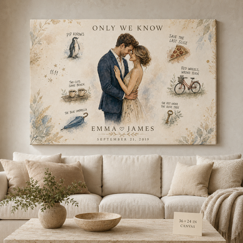 Custom Only We Know couple portrait canvas 36x24 landscape, watercolor couple from photo surrounded by hand-lettered inside jokes — penguin, pizza, 11:11, coffee cups, blue umbrella, red bicycle, brass key — with names and date above a sofa