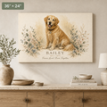 Custom pet memorial watercolor portrait canvas 36x24 landscape of a golden retriever with name, dates and Forever Loved Never Forgotten above a console