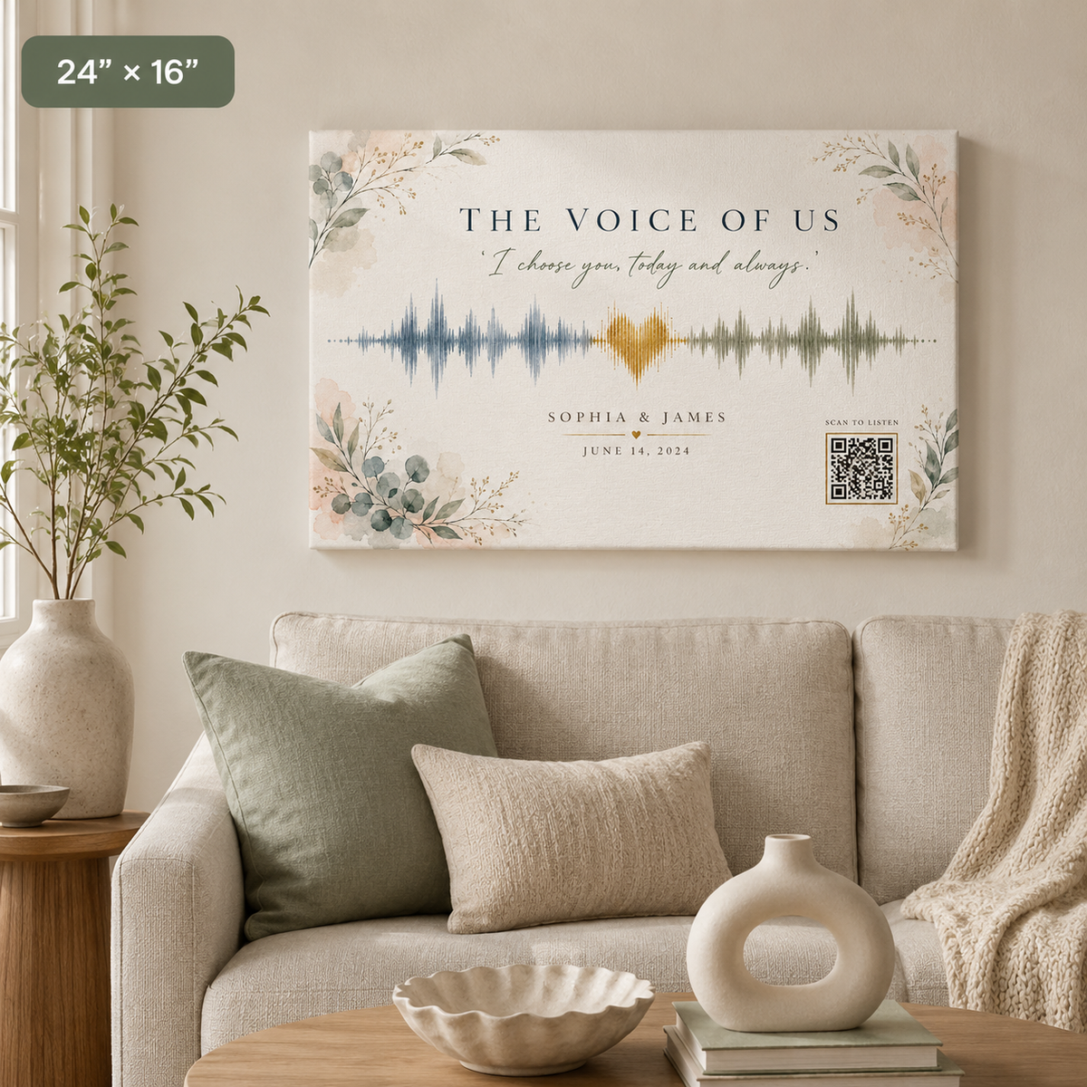 Personalized sound wave canvas 24x16 landscape of wedding vows with names, date and QR code above a sofa