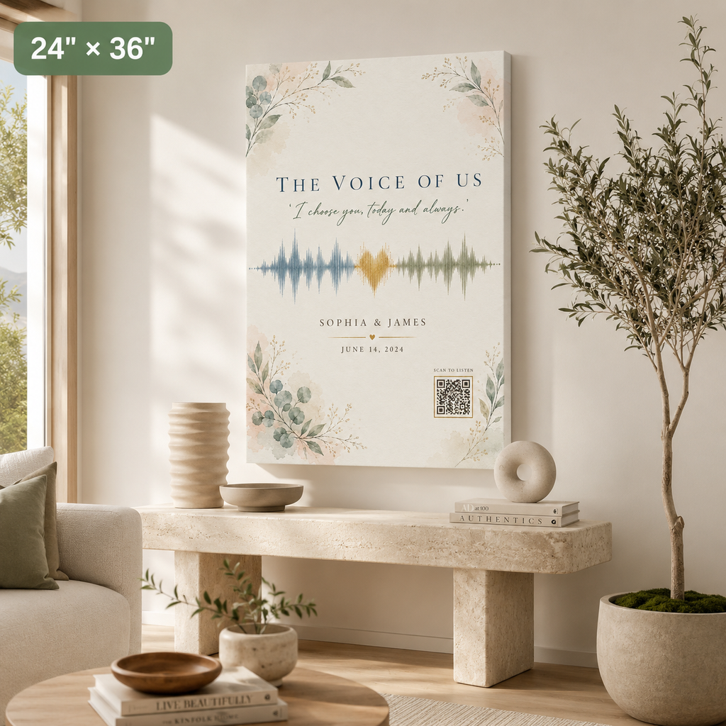 Custom voice recording soundwave canvas 24x36 portrait orientation with names, date and scan-to-listen QR code in a living room