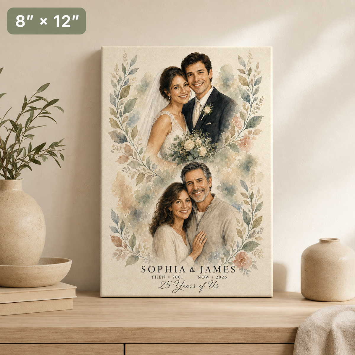 Then and now couple watercolor canvas 8x12 portrait orientation with names and anniversary years on a nightstand