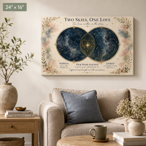 Personalized overlapping star map canvas 24x16 landscape with Our Stars Aligned date and watercolor florals above a sofa