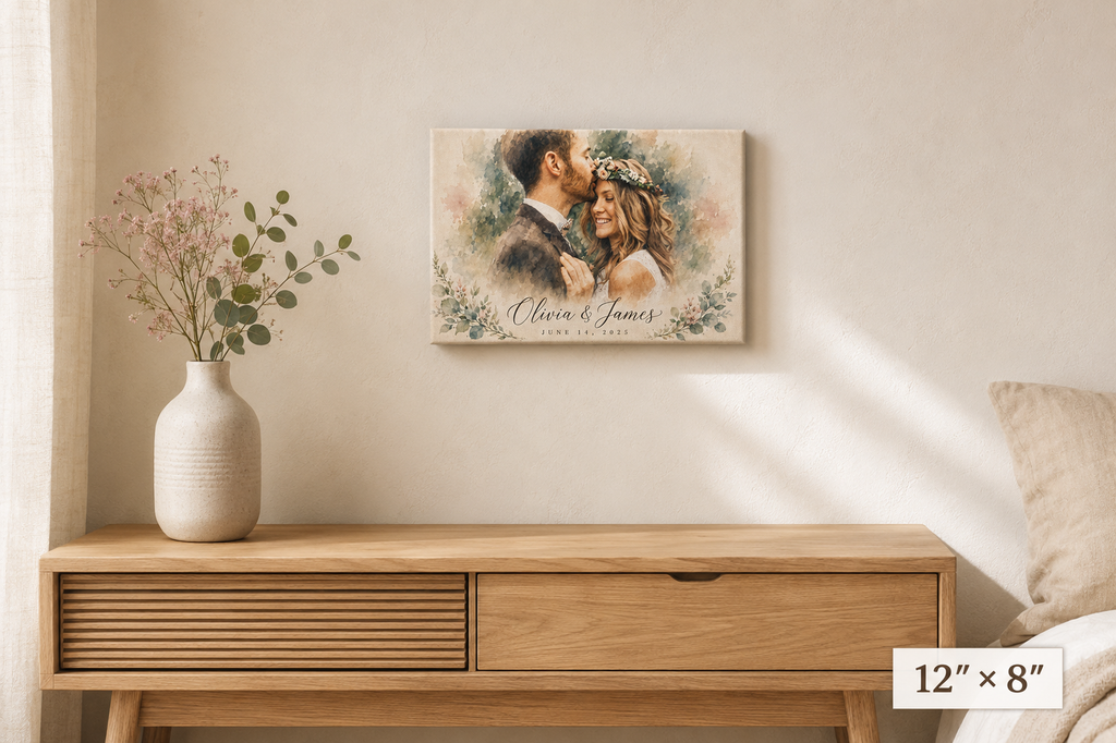 Custom couple watercolor portrait canvas 12x8 landscape, wedding photo painted with names and date, bedroom wall art